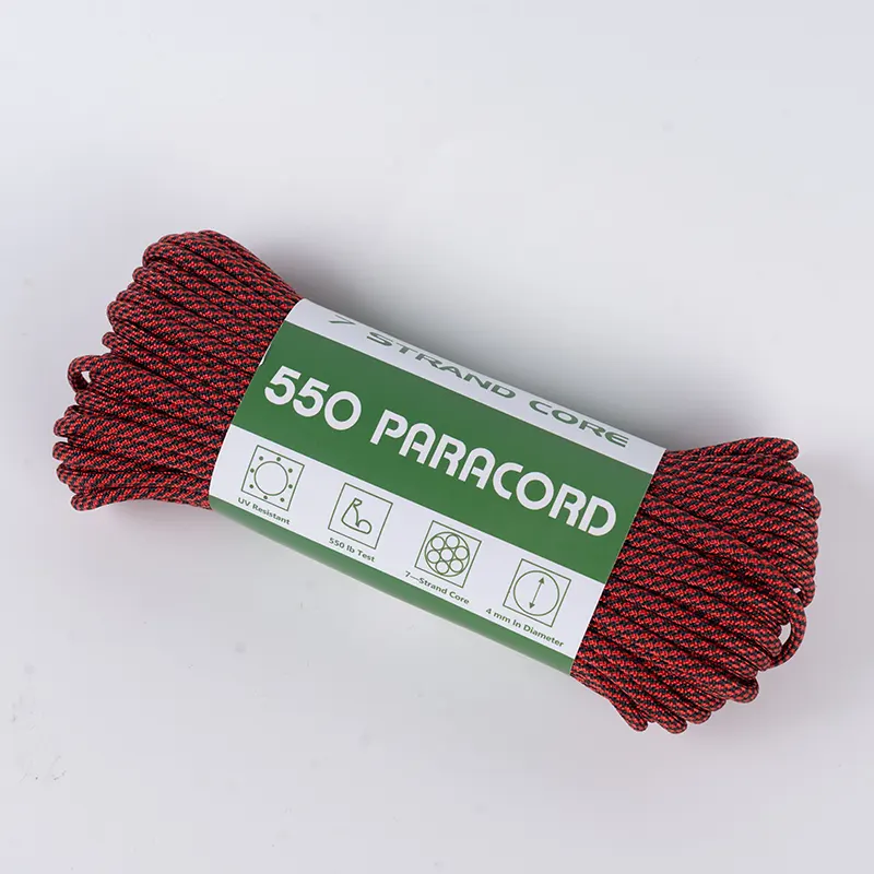 7 Strand Core 4mm Preto e Vermelho Espiral 550 Poliéster Paracord